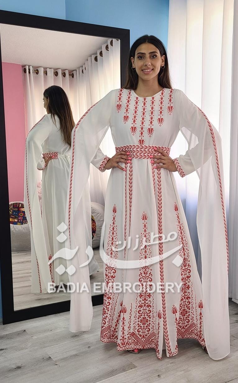 Modern White & Red Henna Thobe