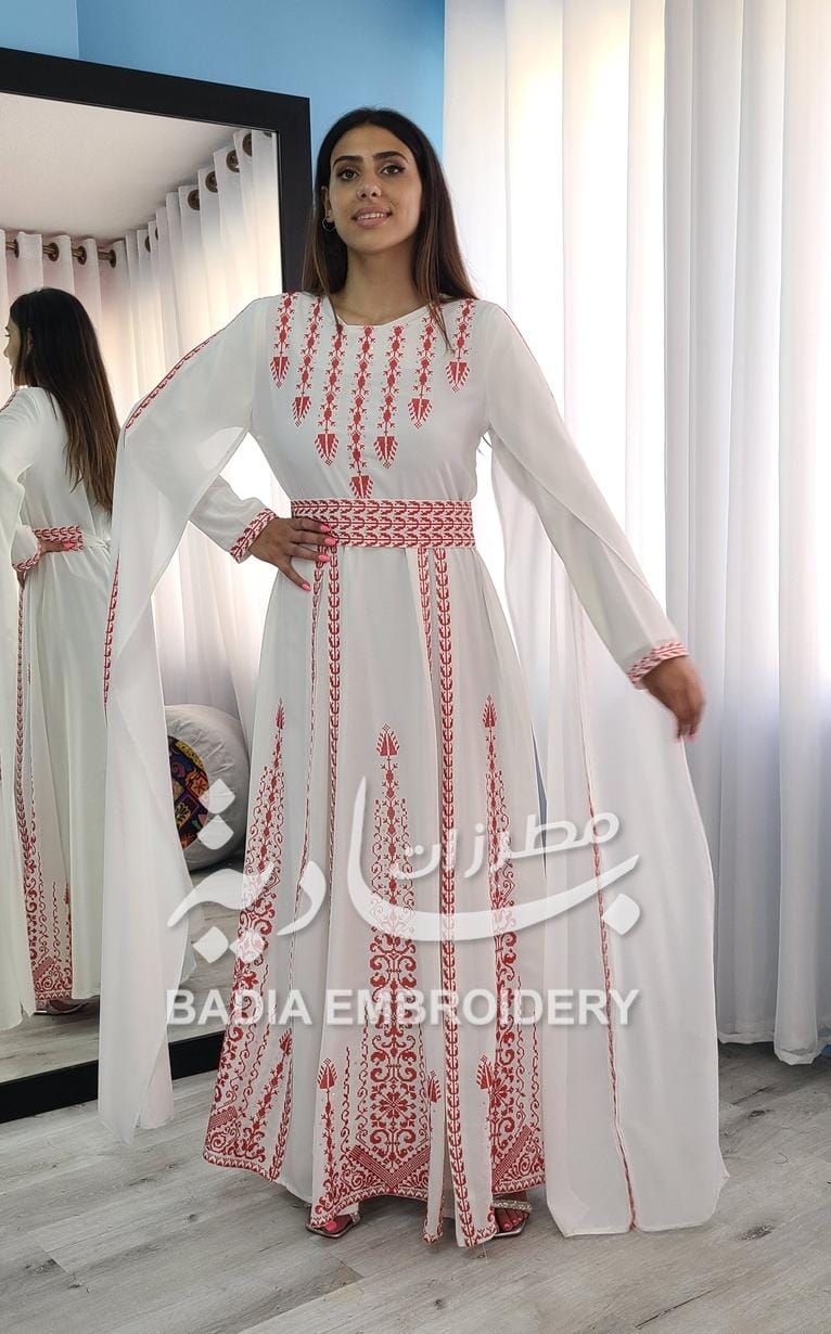 Modern White & Red Henna Thobe
