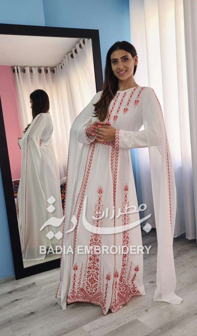 Modern White & Red Henna Thobe
