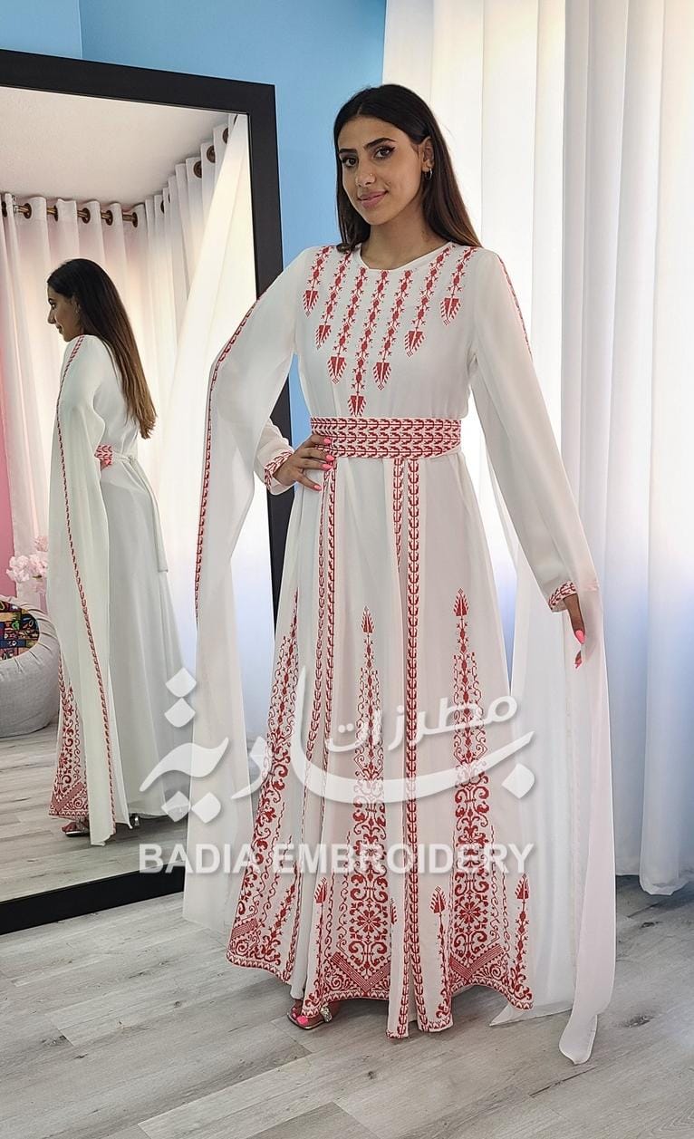 Modern White & Red Henna Thobe
