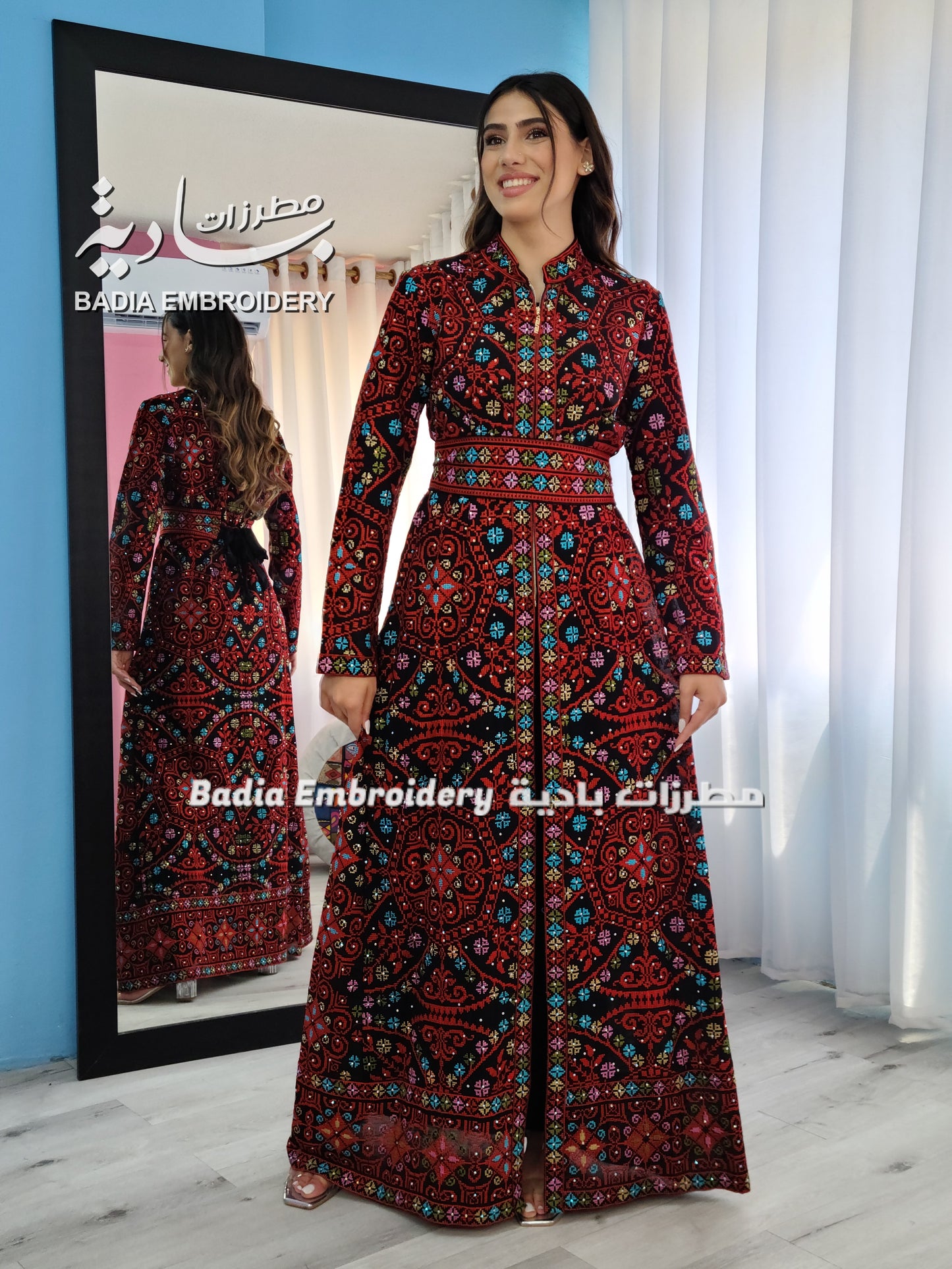 Luxury Colored with Red Base Embroidered Kaftan