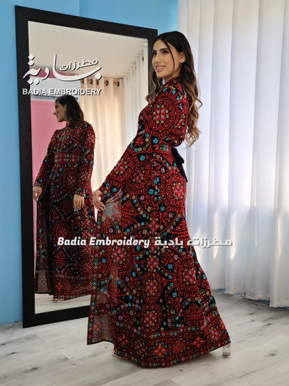 Luxury Colored with Red Base Embroidered Kaftan