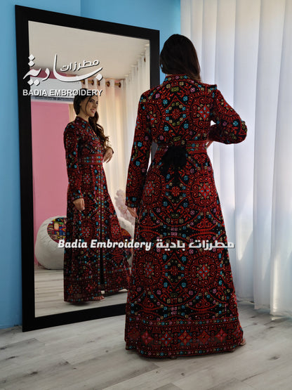 Luxury Colored with Red Base Embroidered Kaftan