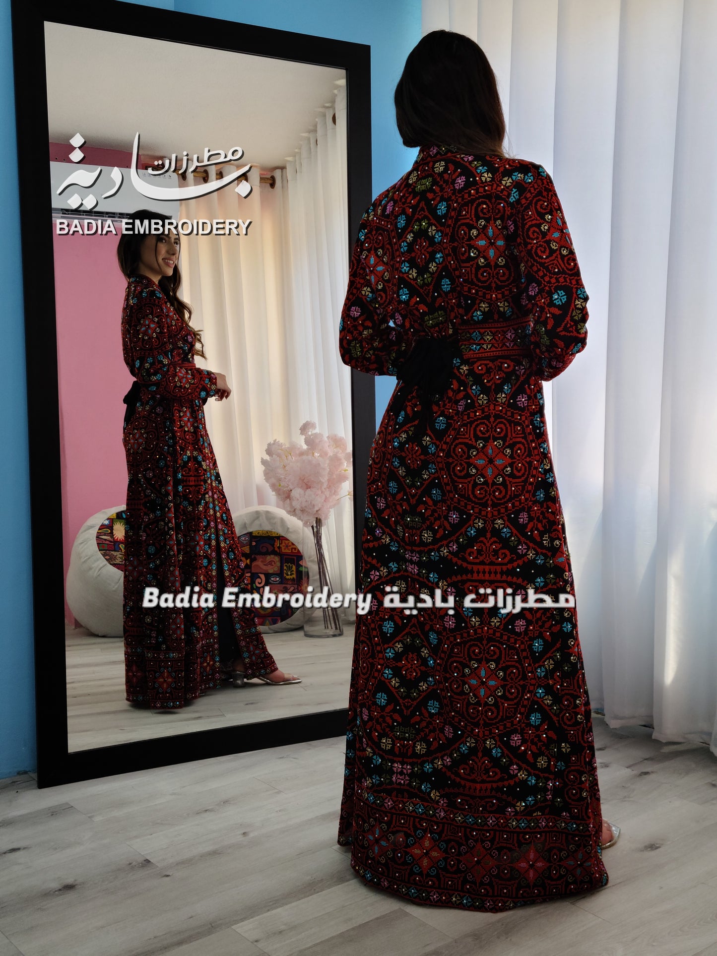 Luxury Colored with Red Base Embroidered Kaftan