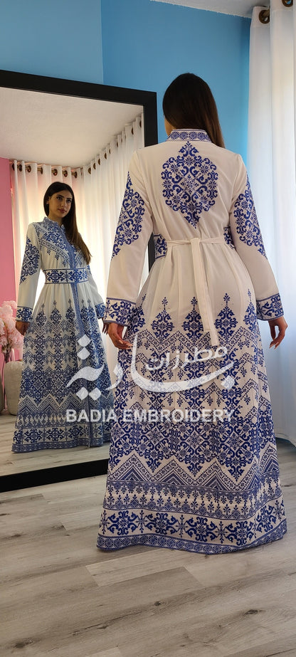 Luxury White & Blue Embroidered Kaftan