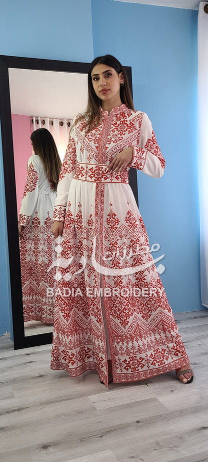 Luxury White & Red Embroidered Kaftan
