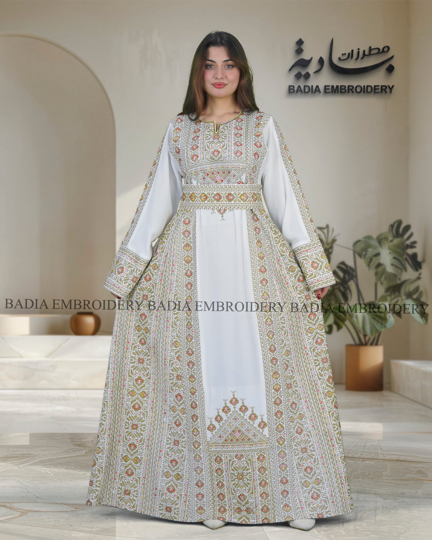 Elegant White & Green Thobe