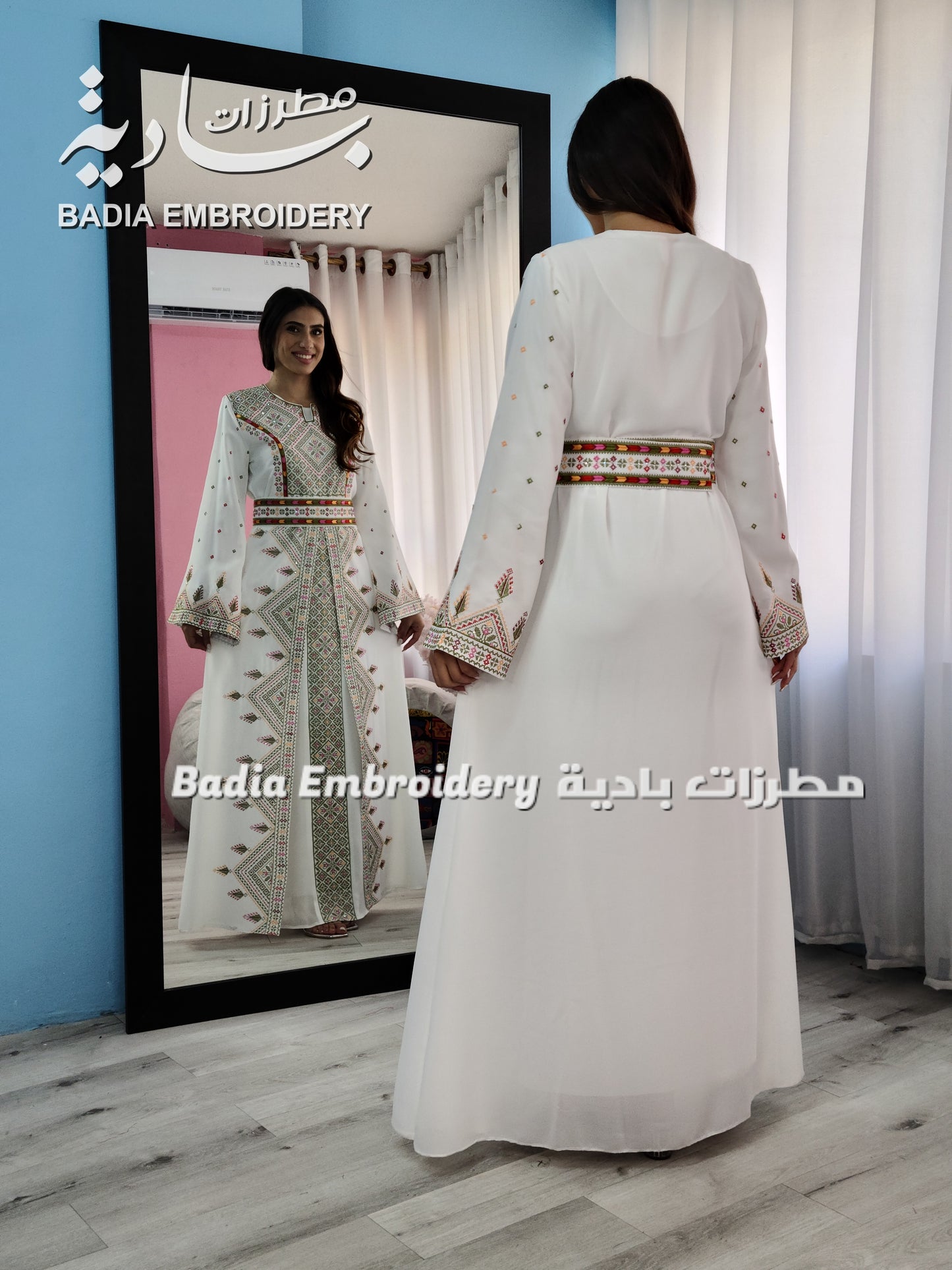 Luxury White & Green Embroidered Kaftan