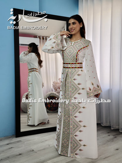 Luxury White & Green Embroidered Kaftan