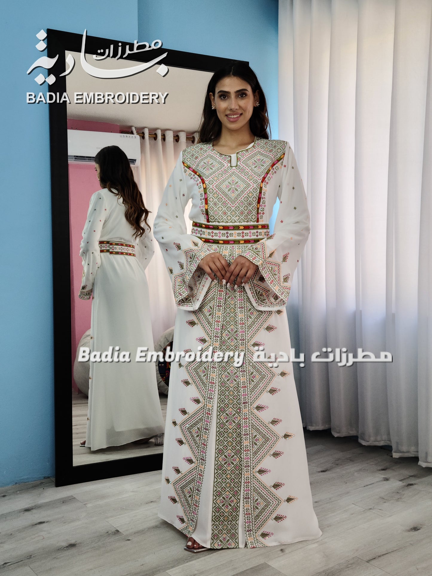 Luxury White & Green Embroidered Kaftan