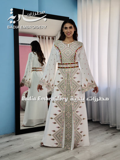 Luxury White & Green Embroidered Kaftan