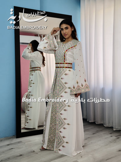 Luxury White & Green Embroidered Kaftan