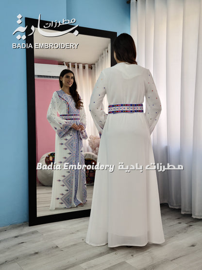 Luxury White & Blue Embroidered Kaftan