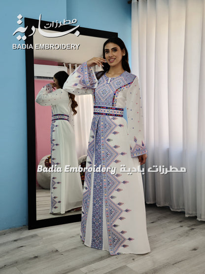 Luxury White & Blue Embroidered Kaftan