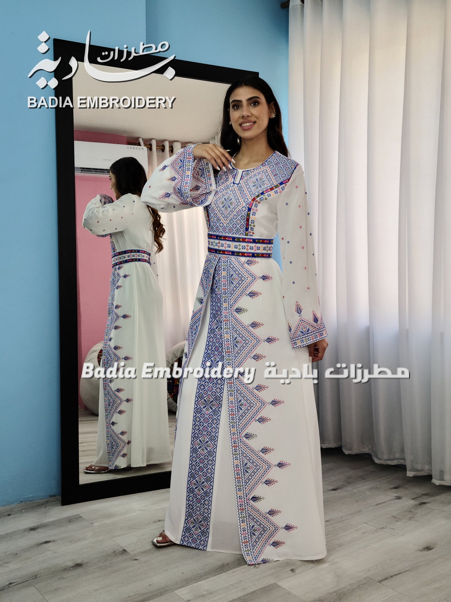 Luxury White & Blue Embroidered Kaftan