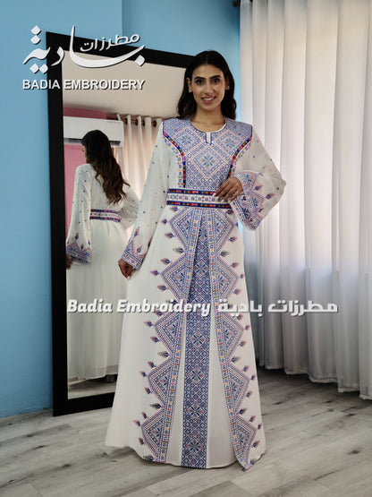 Luxury White & Blue Embroidered Kaftan