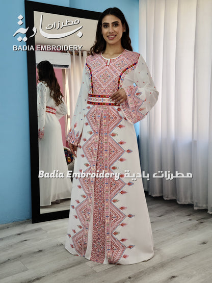 Luxury White & Red Embroidered Kaftan